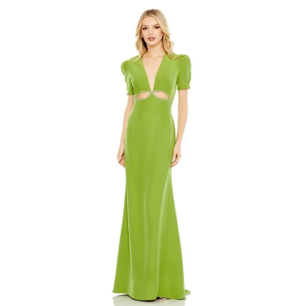 NWT Mac Duggal Plunge Neck Puff Sleeve Cut Out Gown Apple Green 0